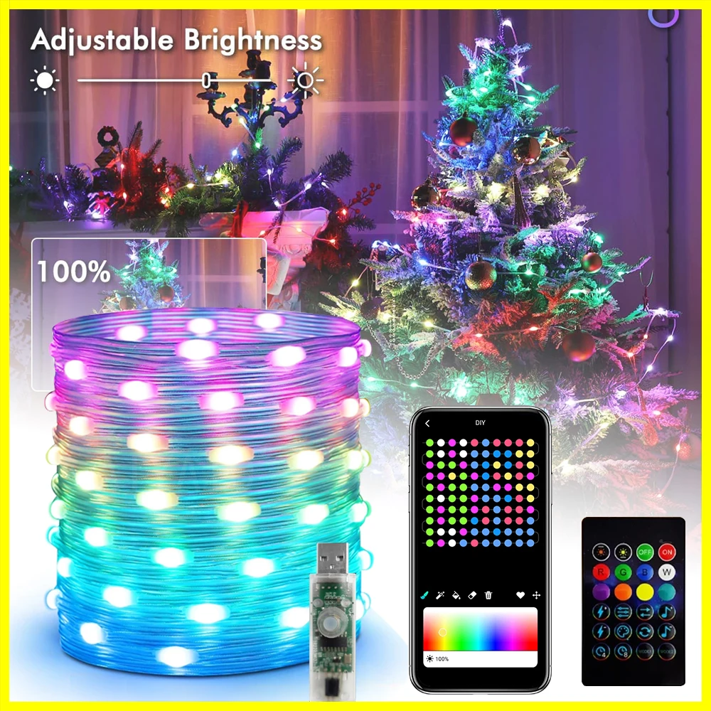 Christmas Lights LED String Light Bluetooth APP USB Smart Garland Fairy Festoon Home Bedroom Party Decor Remote Control RGBIC