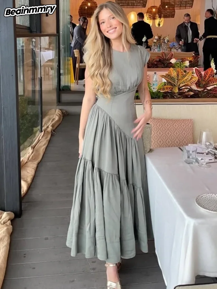 Graues A-Linien-Maxikleid für Damen, lässig, ärmellos, Rundhalsausschnitt, hohe Taille, schlank, Vestidos, Sommer 2022, Dame, Pendler-Roben, Neu