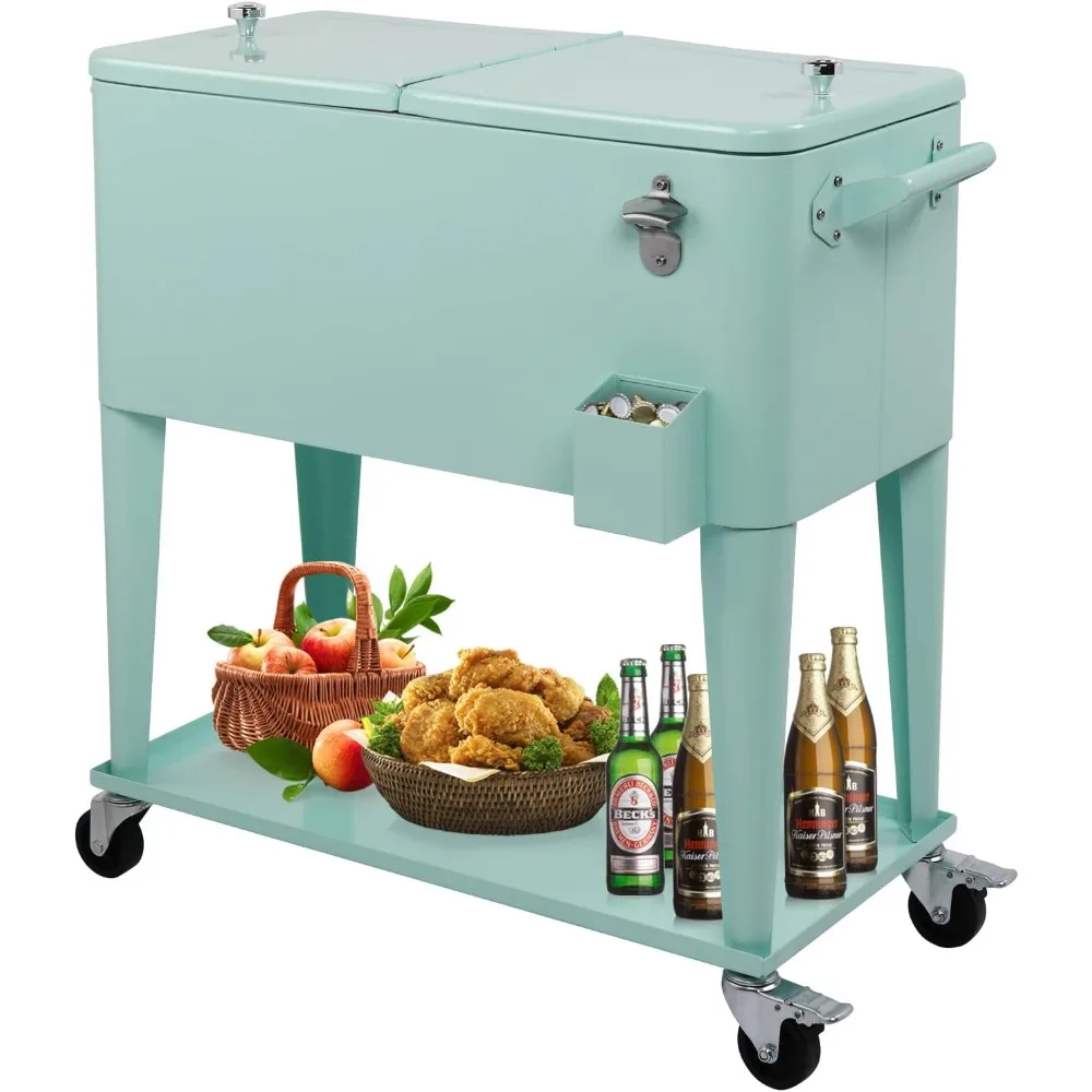 

80 Quart Rolling Ice Chest on Wheels, Portable Patio Party Bar Drink Cooler Cart, with Shelf, Beverage Pool with Bottle Opener,