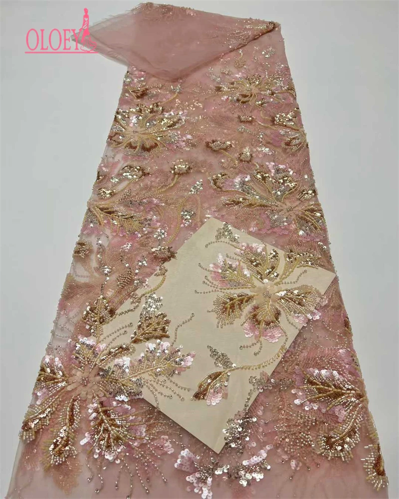 

OLOEY новейшая французская кружевная ткань с цветочными блестками, высокое качество, кружевная ткань с нигерийскими бусинами для шитья свадебного платья