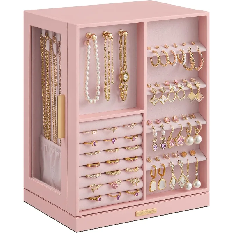 

Jewelry Box 360° Rotating, Jewelry Storage Case with 5 Drawers, Jewelry Organizer,Glass Window,Spacious,Vertical Jewelry Storage