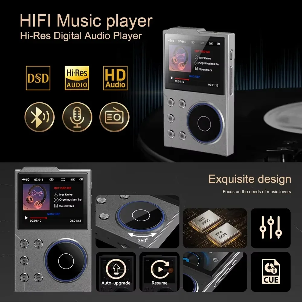 مشغل MP3 الصوتي الرقمي هاي فاي بدون فقدان DSD عالي الوضوح مشغل موسيقى MP3 المحمول المدمج في 16 جيجابايت وكمان يدعم 20 لغة