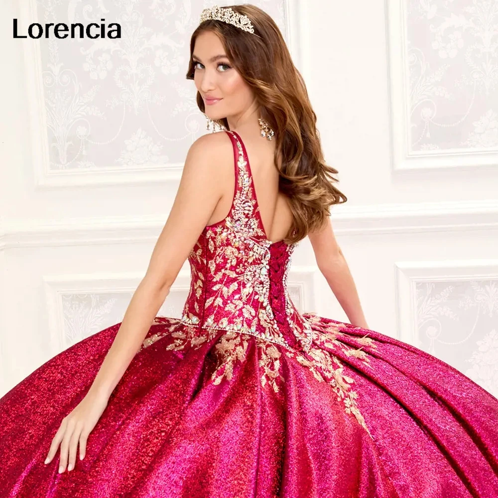 Lorencia Glitter Pink Quinceanera Dress Ball Gown Gold Lace Applique Beaded With Cape Corset Sweet 16 Vestidos De 15 Años YQD722