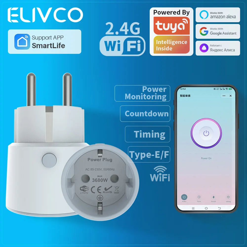 

Tuya Wifi Smart Power Plug EU 16A 3680W With Power Monitor Timing Smart Home Wireless Socket Outlet Works With Alexa Google Home