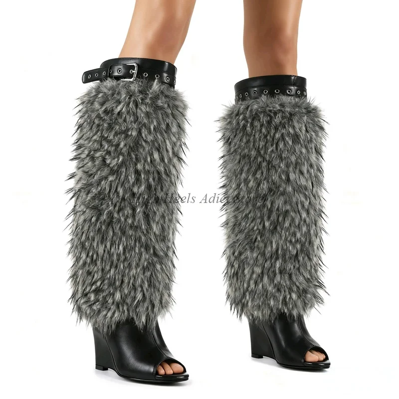 الفراء الأسود اللمحة تو أسافين كعب الجلود حذاء برقبة للركبة المرأة مثير كبيرة الحجم لينة أحذية طويلة الفاخرة مصمم 2025 جديد في الأحذية #5