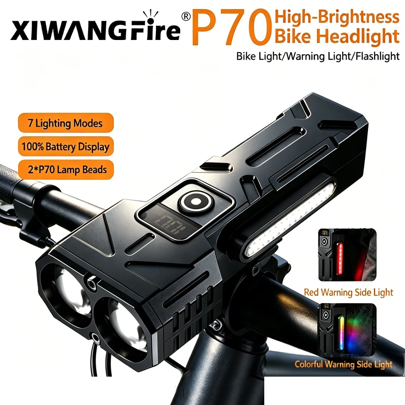Bicycle Headlight USB Rechargeable Bright LED Bike Light Digital Display Waterproof Flashlight for Night Riding Hiking Camping