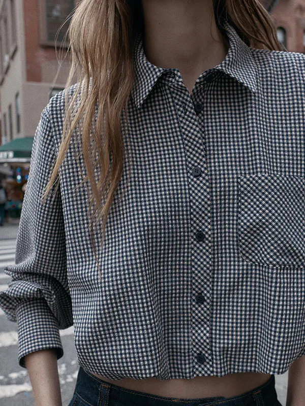 

Повседневный женский топ с длинными рукавами-фонариками, осенне-зимний, в клетку, с отложным воротником, универсальный, с оборками, для женщин