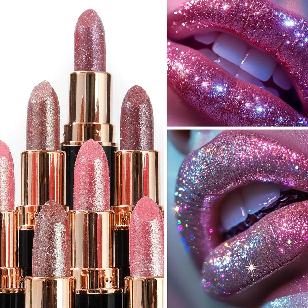 

6 Colors Glitter Lipstick Waterproof Lasting Diamond Pearlescent Red Lipstick Lip Women Lips Cosmetic Gloss Makeup Pink Met K8L6