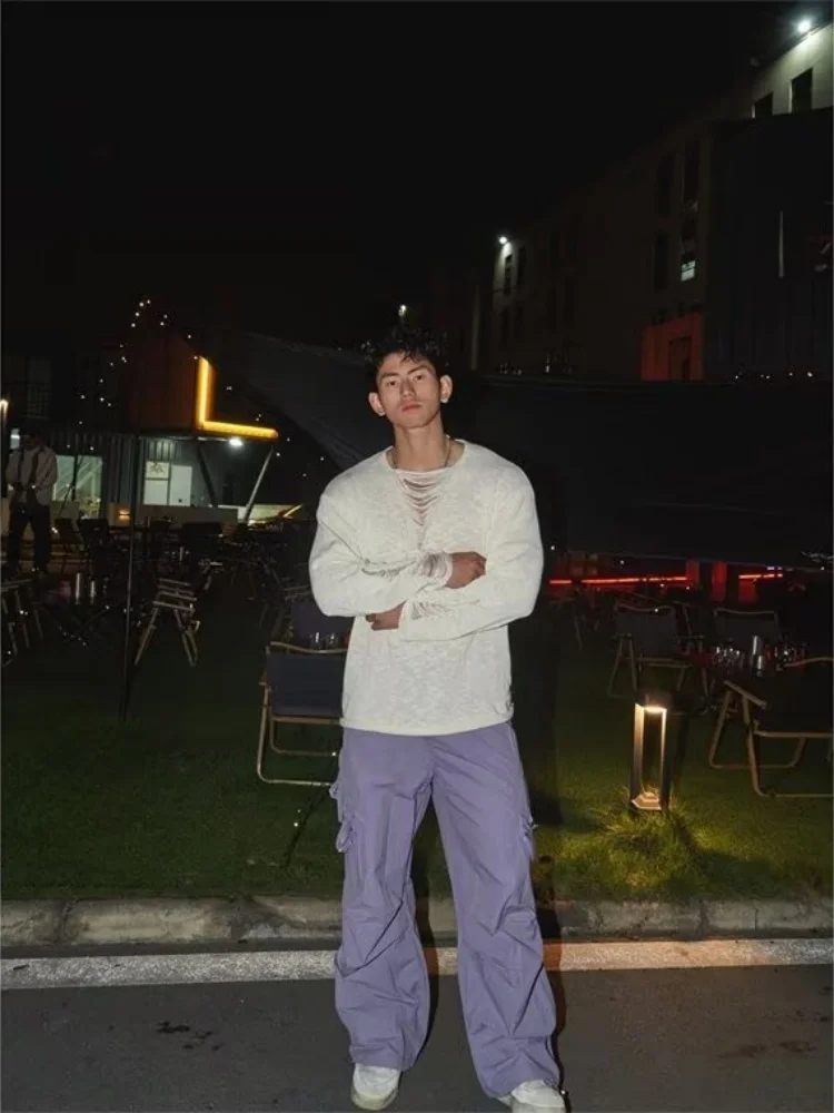 Autumn Men's Knitting Sweater Thin Hollow Out Knit Sweater Deep V Neck Lazy Pullover Alluring Destructive Design Upper Garment