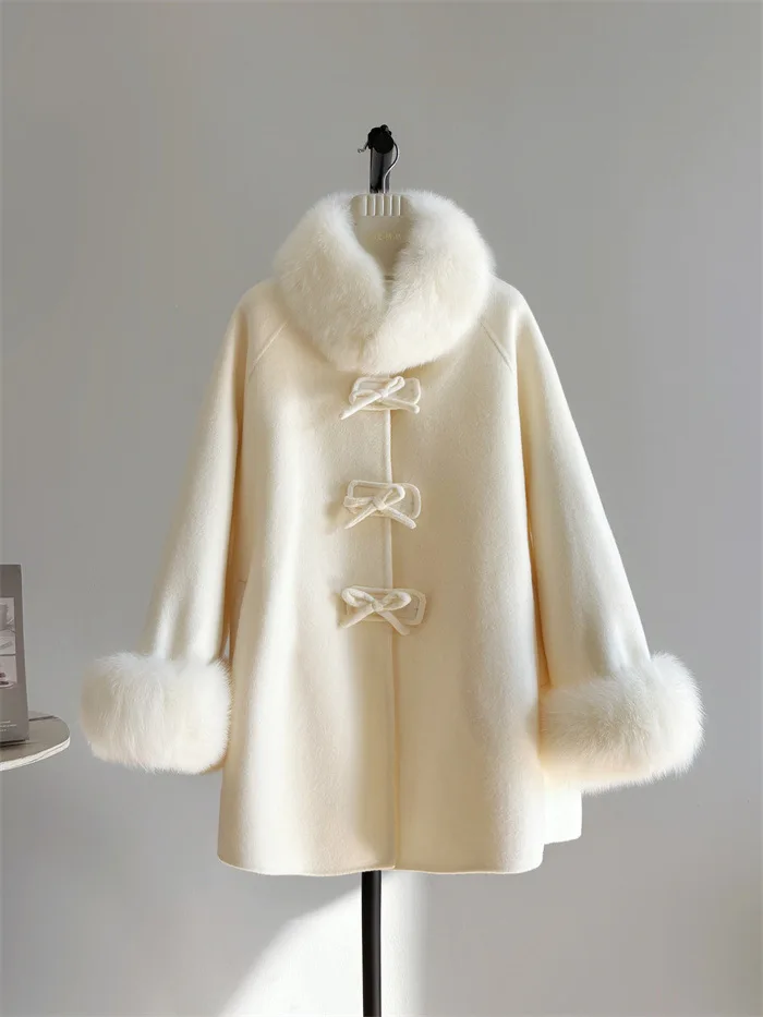 المرأة الخريف الشتاء الفاخرة 100% معطف الصوف سيدة أنيقة الثعلب الفراء طوق الأصفاد طويلة الأكمام فضفاضة الصوف أبلى #5