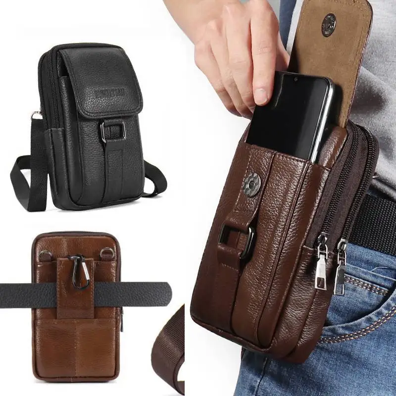 

Men's Mobile Phone Waist Bag Outdoor Work Chest Bag PU Cigarette Case Key Chain Wear Belt Backpack Sport Hiking Portable Satchel