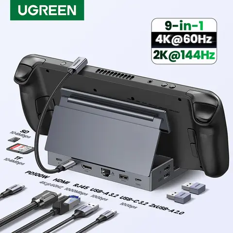 UGREEN Steam Deck Dock 9-in-1 USB C Docking Station 4K60Hz HDMI RJ45 10Gbps for Steam Deck Rog Ally X Legion Go Foldable Stand