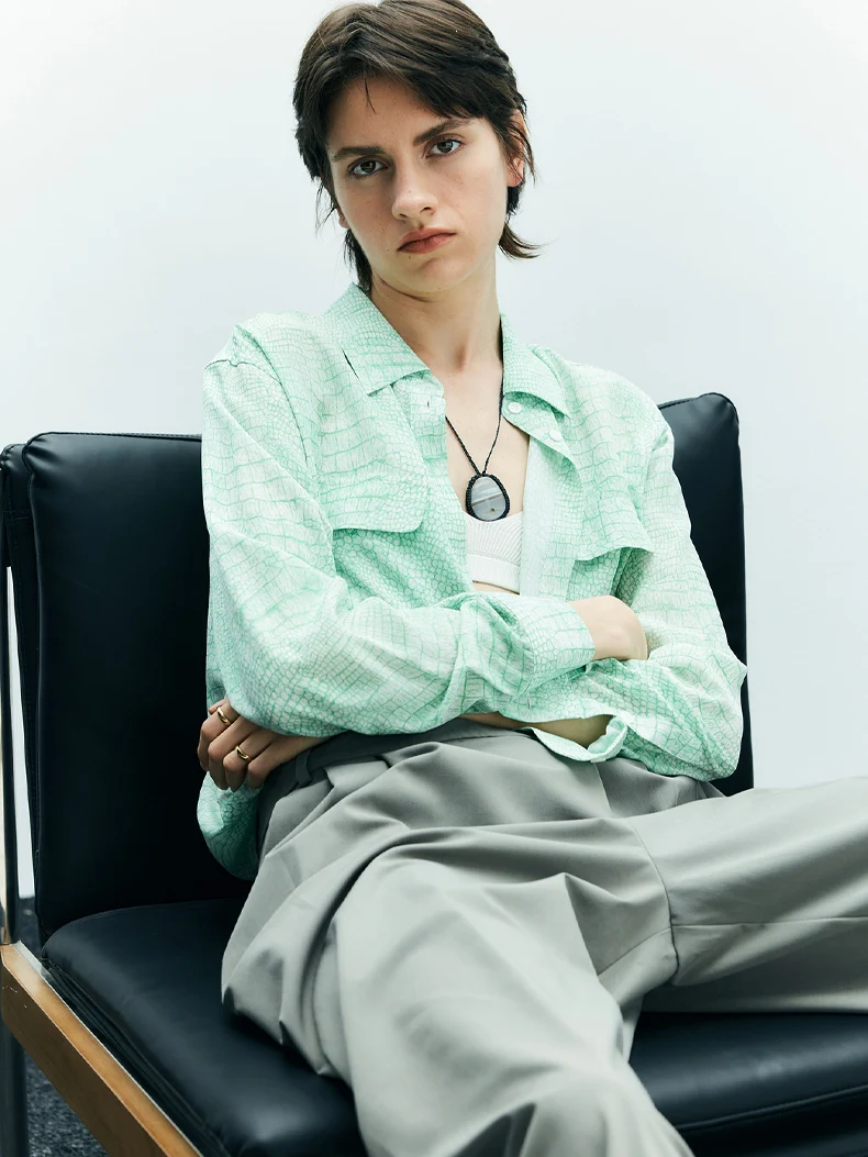 SuyaDream Woman Printed Shirts, 100%Silk Crepe, Chest pockets, Green Blouses, 2024 Spring Summer Office Lady Top
