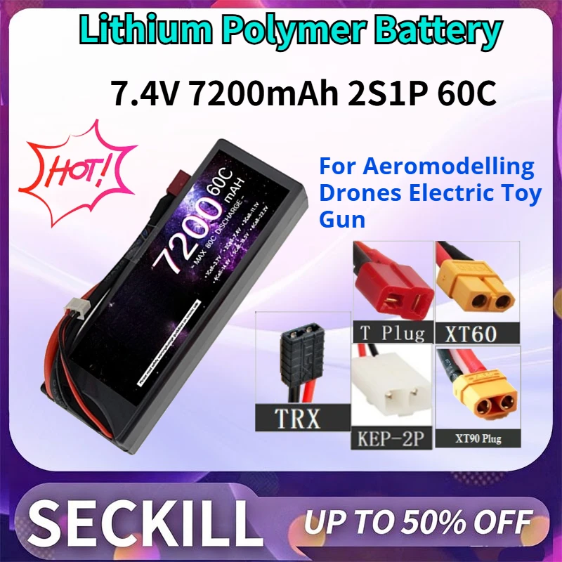 2PCS/LOT 7.4V 7200mAh 2S1P 60C Lithium Polymer Battery for Aeromodelling Drones Electric Toy Gun with T XT60 2P XT90 TRX Plug
