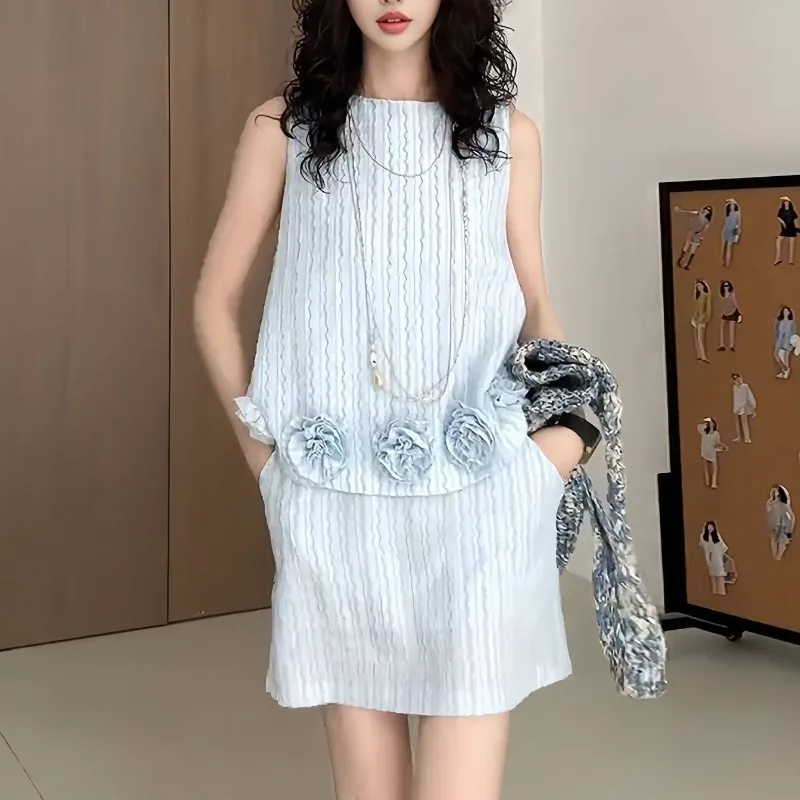 Nuevo conjunto de dos piezas de moda de verano para mujer, chaleco informal sin mangas con flores 3D, Top + minifalda de cintura alta, traje de fiesta elegante