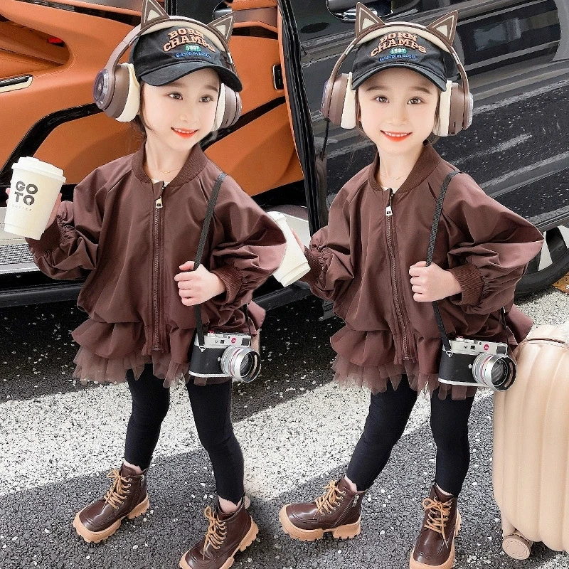 2 3 4 5 6 7 8 Years Spring Autumn Girls Jacket Solid Color Lace Fashion Windbreaker Zipper Girls Outerwear New Kids Clothes