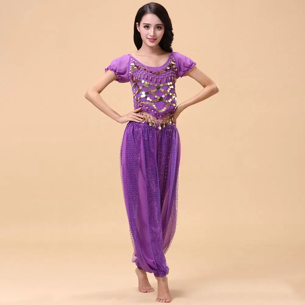 

2Pcs/set Sequin Tassels Belly Dance Costume Set Shiny Harem Pants Harem Trousers Crop Top Stage Arabic Dance Outfit