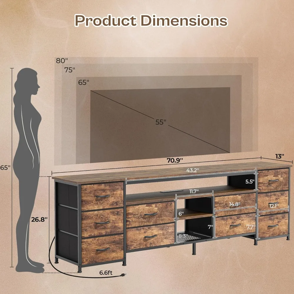 حامل تلفزيون LED كبير 70.9 بوصة مع أدراج قماشية ومنافذ طاقة ومنفذ USB-C وإضاءة LED لاستخدام غرفة النوم