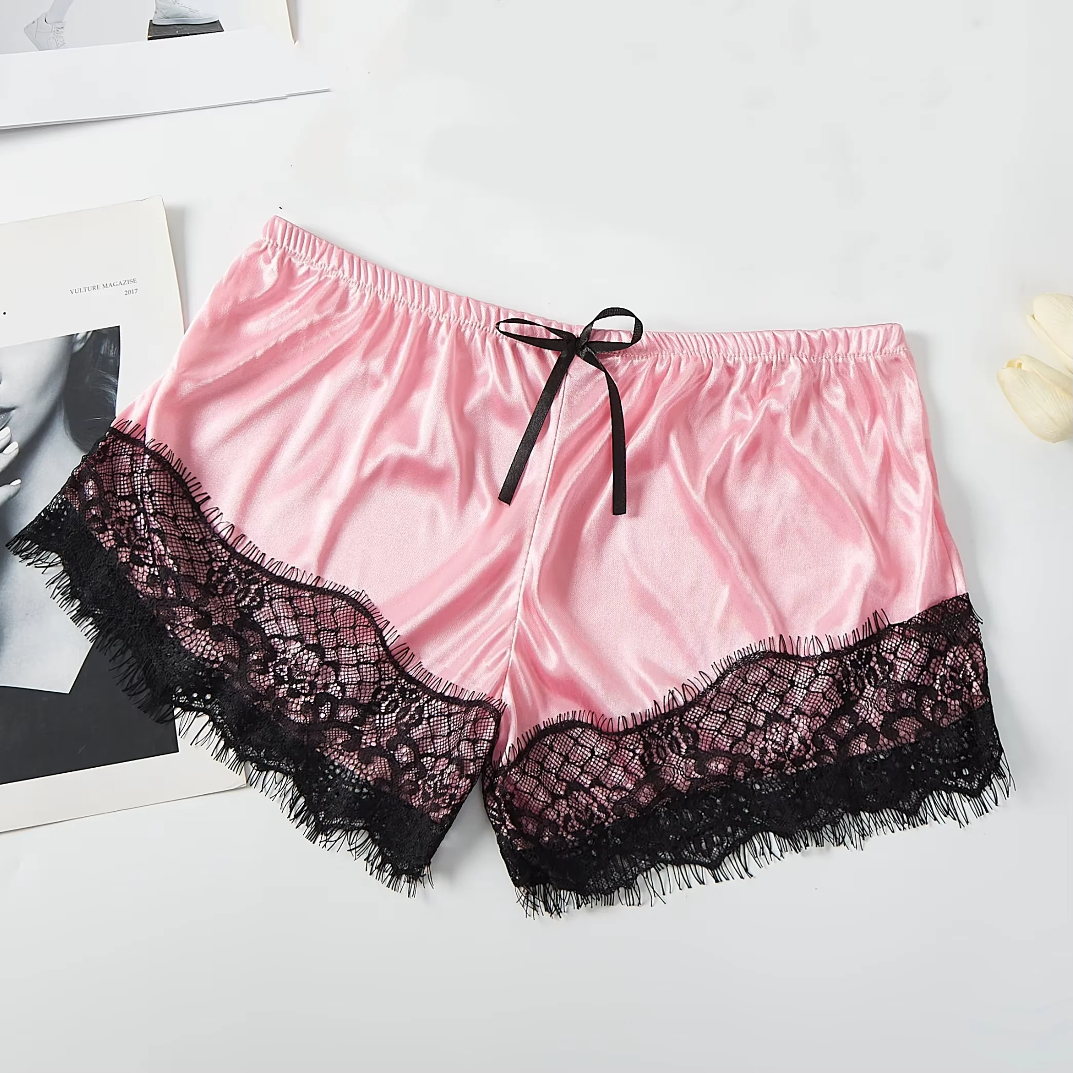 Women Lace Sexy Pajamas Nightclothes Black PINK L XL XXL V Neck Low Cut Lace Top And Ice Silky Shorts