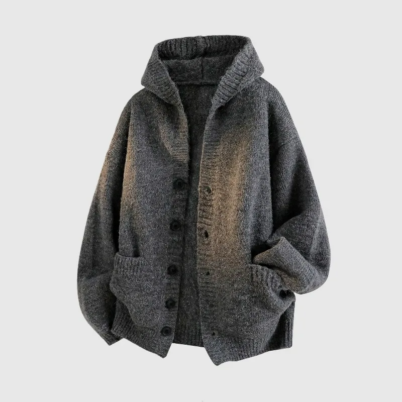 KIDWHXR Kapuzenpullover für Herren, Herbst, locker geschnitten, einfarbig, einreihig, gestrickter Mantel, einfacher Langarm-Cardigan mit Taschen, lässiger Herrenpullover. – Detail 2