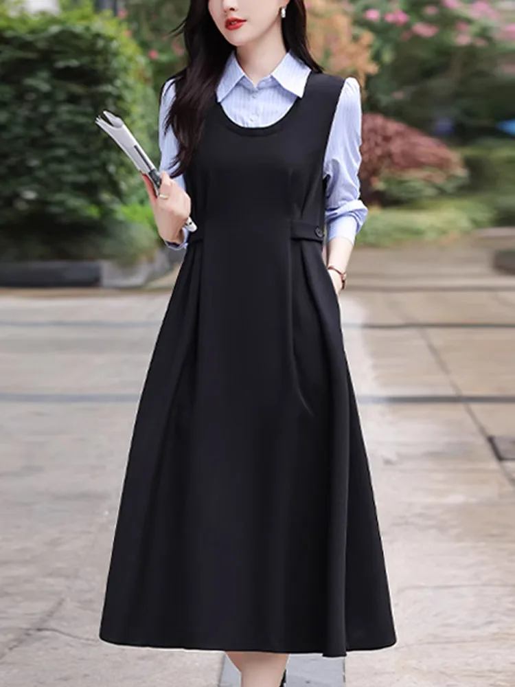 

Plus Size Spring Autumn plus Size Women's irt Dr Unique Design False Two-Piece Set A-Line Skirt Long Sve Casual Vintage Sle