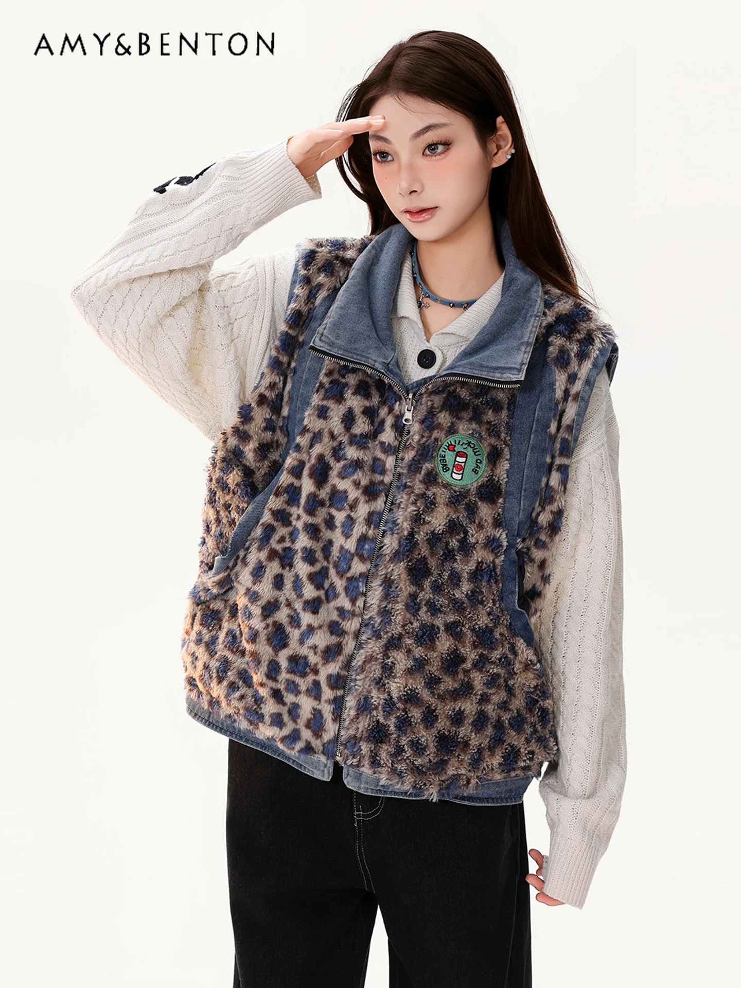 

Autumn and Winter New American Retro Women's Leopard Print Embroidered Reversible Loose Casual Blue Denim Vest