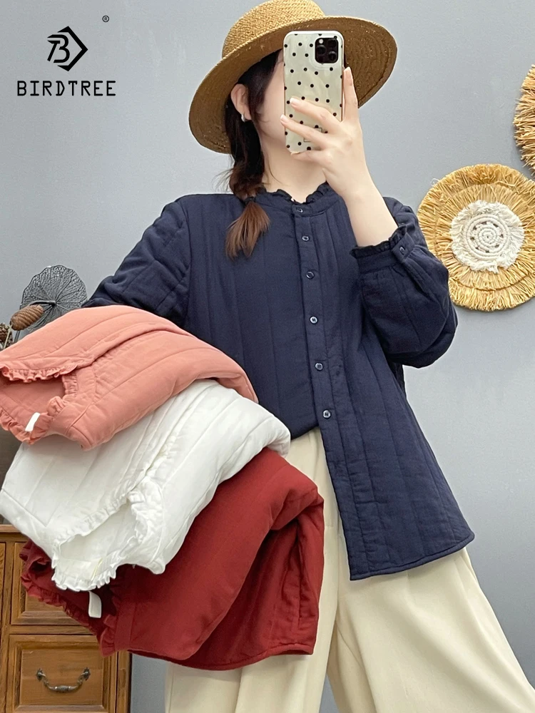 

New 2025 Fall Cotton Long Sleeve Thicken Shirt, Women Stand Solid Ruffles, Mori Girl Retro Casual Warm Loose Blouse T5O0119CC
