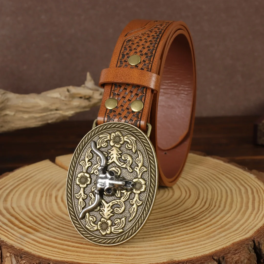 Men Women-Western-Cowboy-PU Leather-Belts - Vintage Belt Floral Engraved Buckle Belt for Jeans