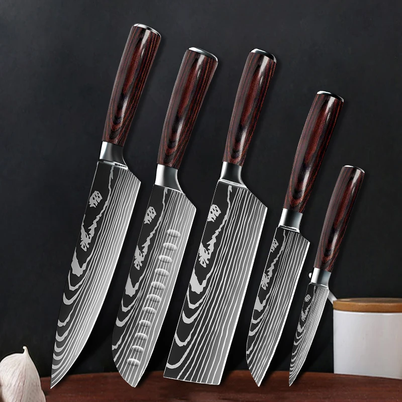 Chef Knife Set Sharp 7CR17 Stainless Steel Laser Damascus Pattern Kitchen knives Santoku Meat Cleaver Fruit Slicing Cooking Tool