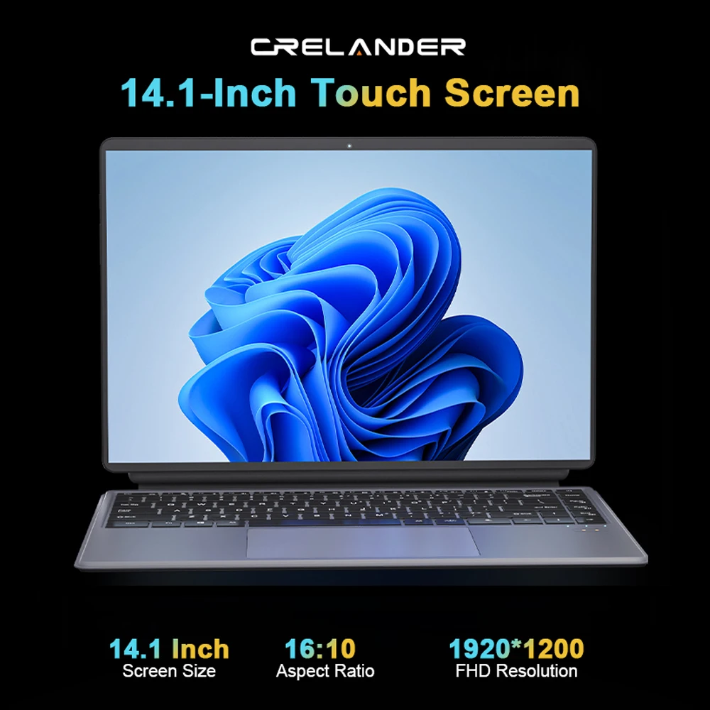 Crelander 2 en 1 ordinateur portable Intel N100 14 pouces 2K écran tactile ddr5 16gb Windows 11 RGB clavier tablette Mini ordinateur portable