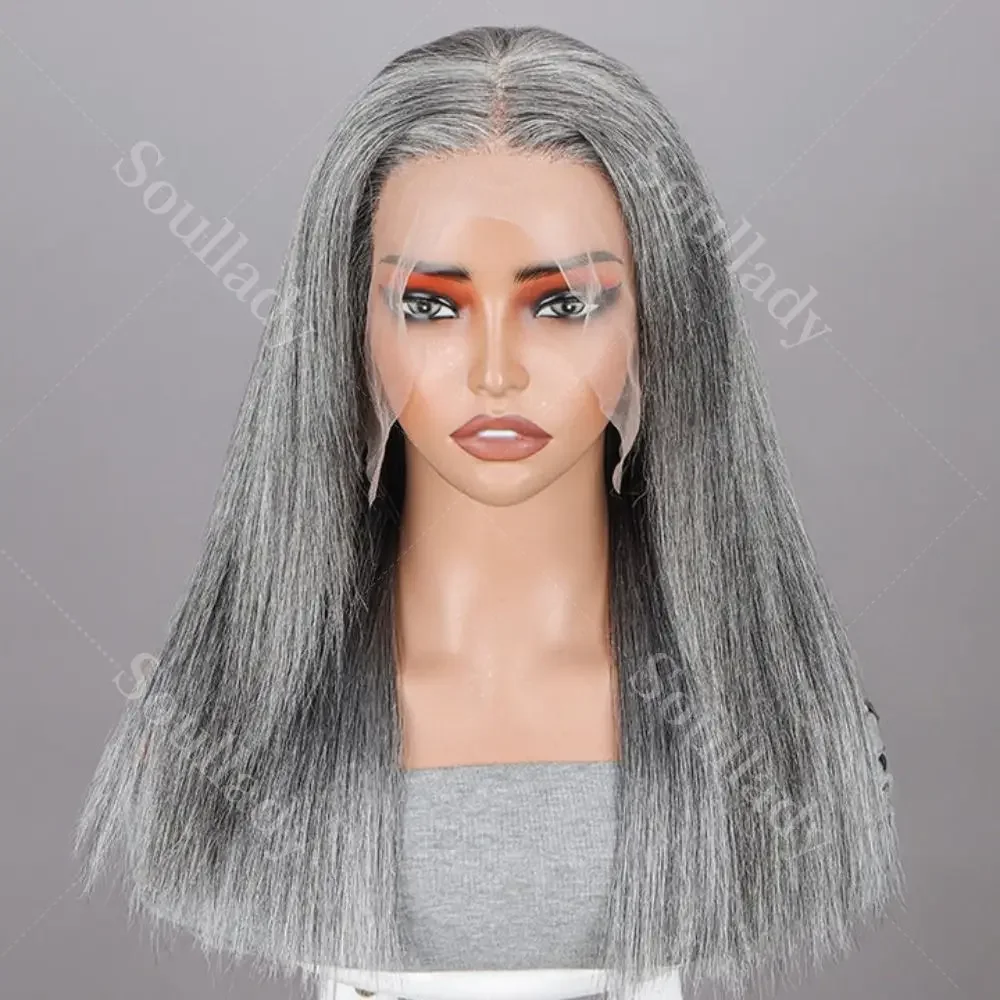

Soul Lady Wigs New Fashion Gray Silver Full Frontal 13x4.5 HD Lace Frontal Wig Straight Human Hair Standard Salt And Pepper Wig