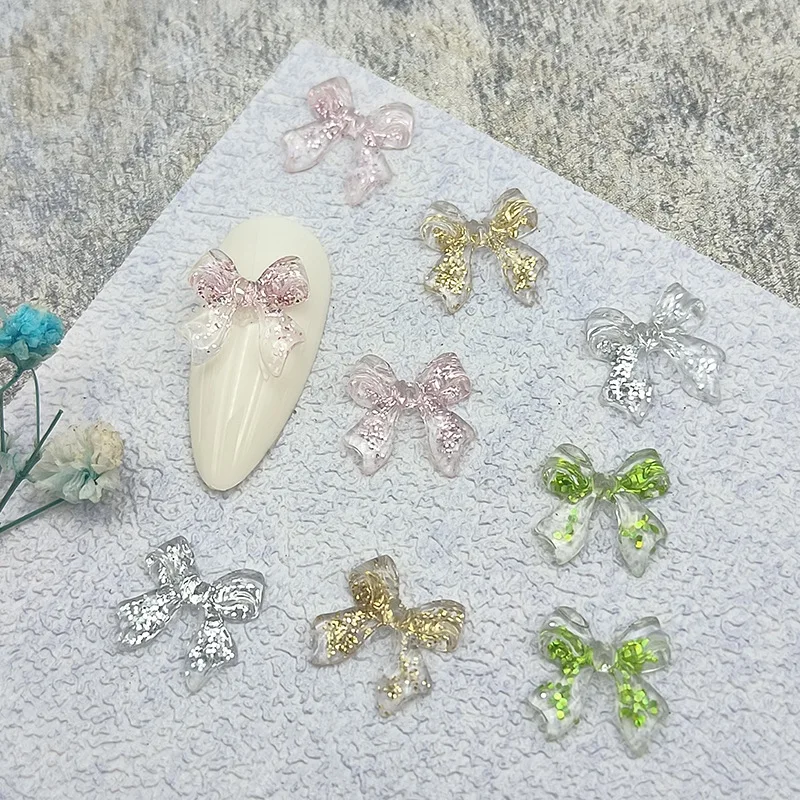 

New Accessories With Gold Silver Powder, Ice Transparent Ribbon, Butterfly Bow, Three-Dimensional Nail Decoration, Stickers,