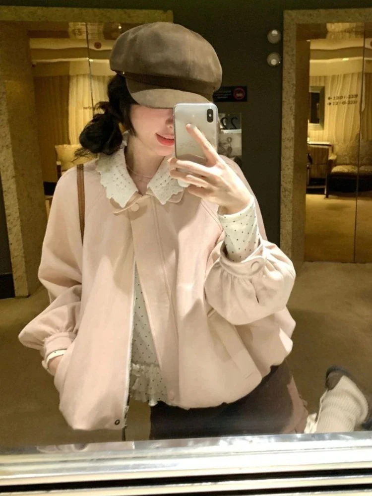 

Корейские женские куртки, свободная замшевая куртка с отложным воротником, 2025 г., Ropa Mujer, милая розовая верхняя одежда, повседневное модное пальто, укороченные топы