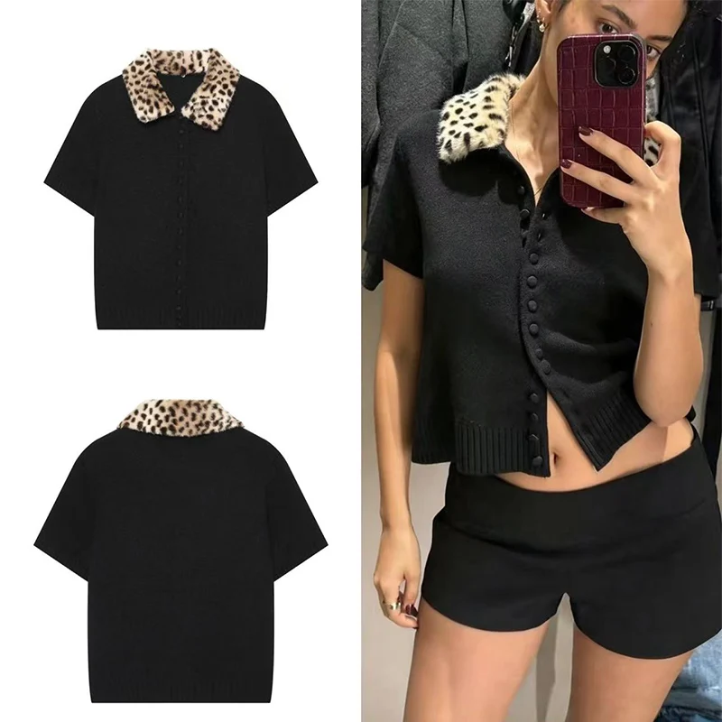 Guobioziy 2026 Autumn Unique Collar Knitwear Women Leopard Print Fuzzy Collar Short Sleeve Casual Top For Daily Streetwear