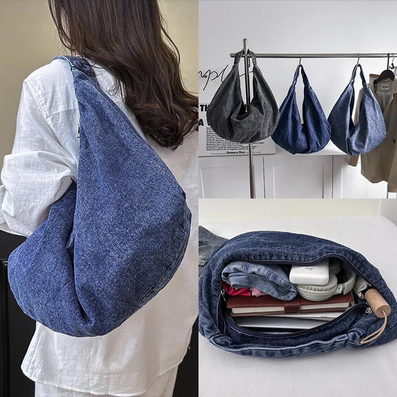 

Denim Casual Shoulder Bag Travel Tote Bag for Women Large College Students Commuting Schoolbag Shopping Swimming Camping Pack