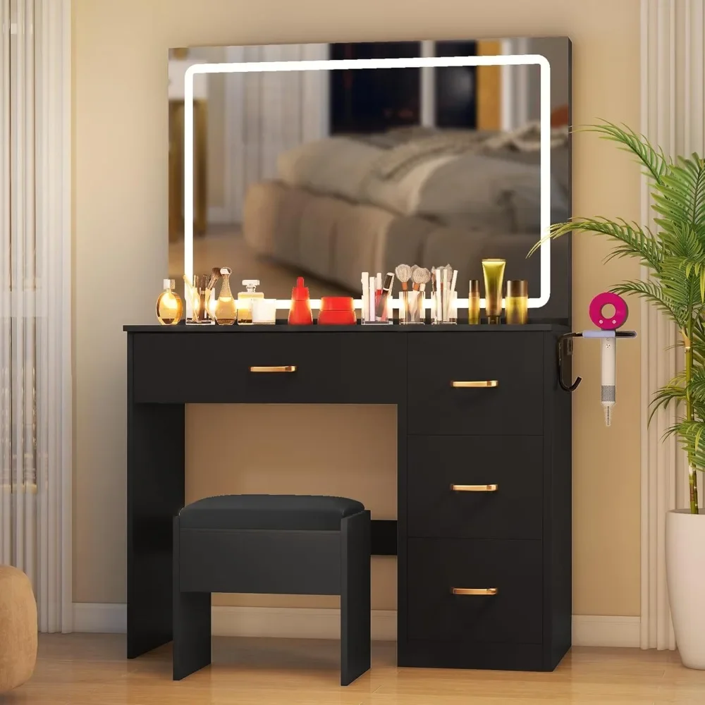 Makeup Vanity Desk Set with Adjustable LED Mirror, Cushioned Stool, and Ample Storage for Bedroom and Dressing Room