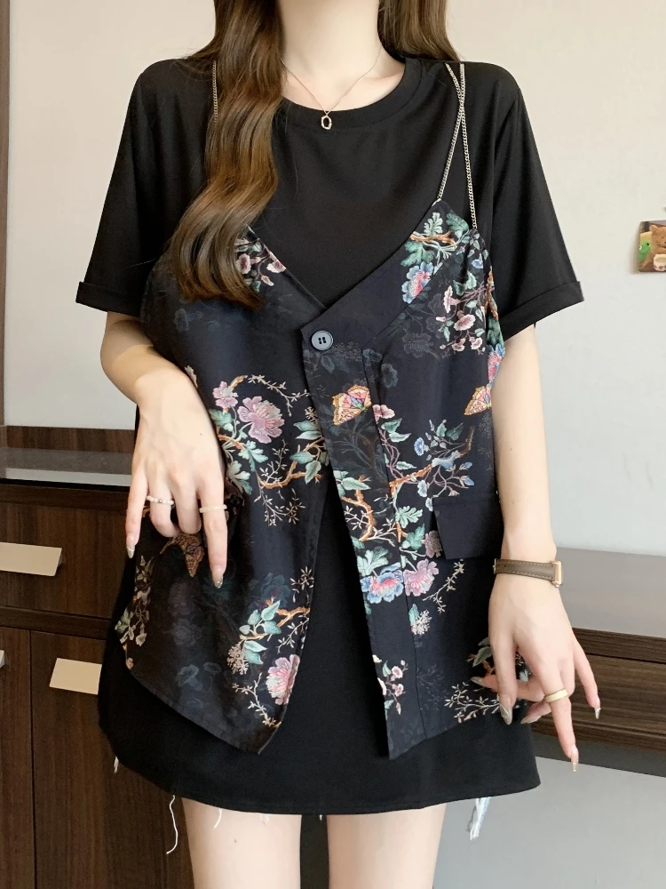 

New Chinese Style Embroidered Short Sleeve T-Shirt Women's Summer plus Size Slimming Design Sense Fake Two-Piece Vest Top
