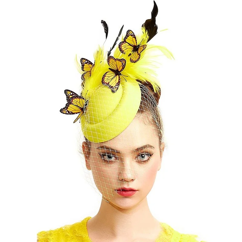 Bride Fascinator Hats For Weddings Accessories Women Elegant Butterfly Headwear Ladies Feather Church Fedora Cap Hair Pin