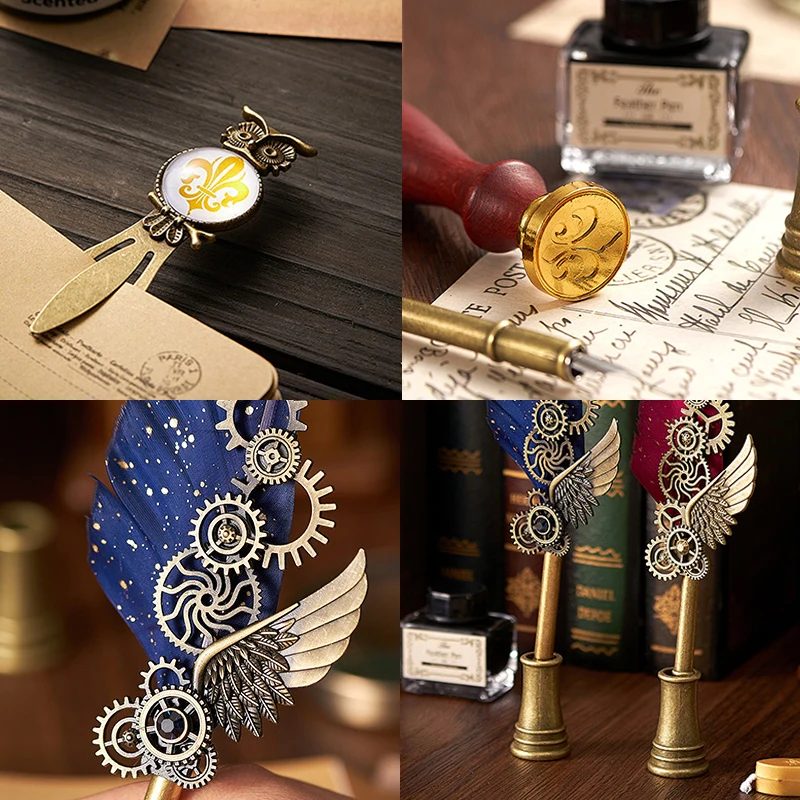 8 In1 Machine Feather Dip Pen Set,Ink-Containing,Creative Quill Writing Artist Calligraphy Signature Pen,Holiday Gift Giftboxed