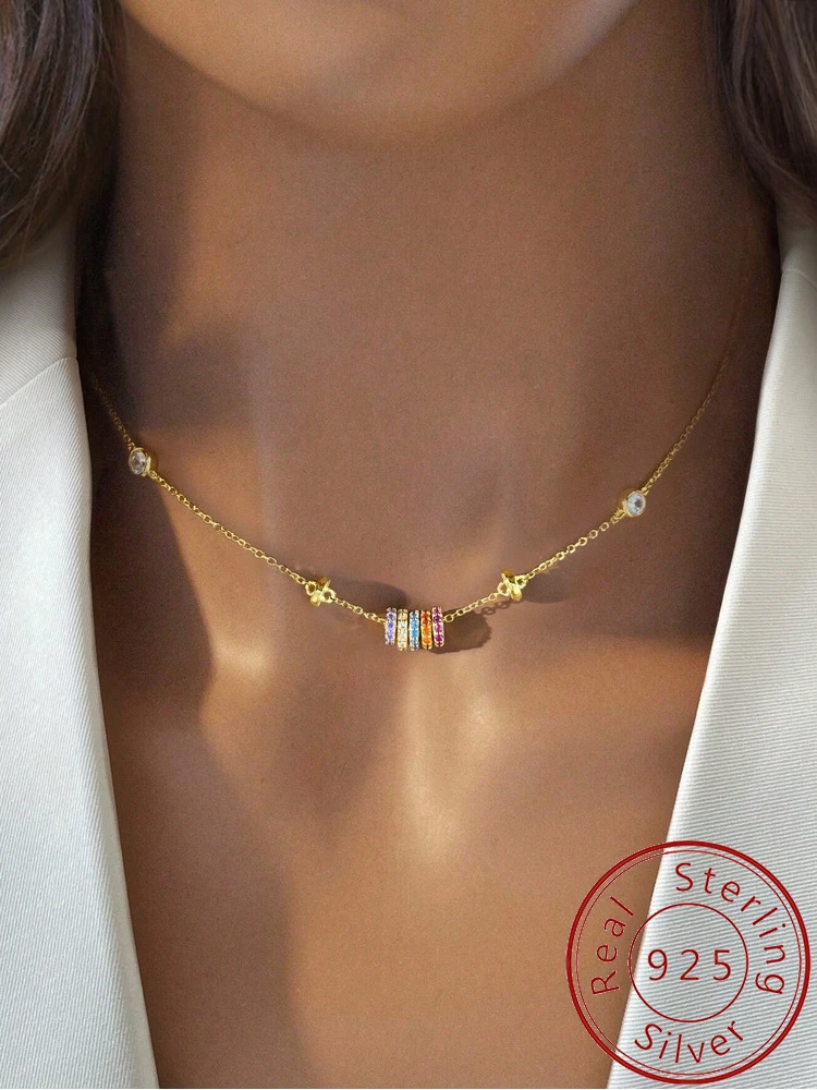 925 Sterling Silver Simplicity Classic  Lucky Rainbow ZirconNecklace For Women Anniversary Party High Quality Fine Jewelry