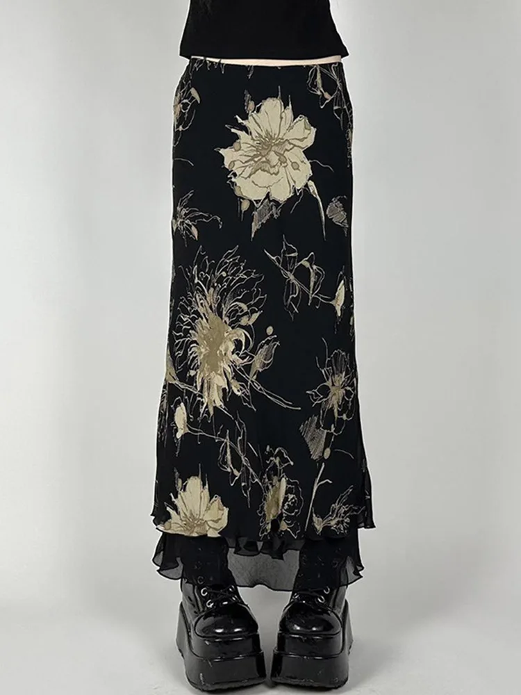 goth Y2K aestheics Double Layer Mesh A-line Skirt Women Fashion Florals Print Slim Skirts Fairy Streetwear Gothic