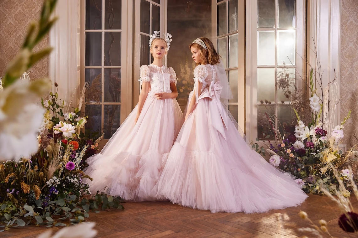 Abito da ragazza di fiore a strati con paillettes soffici in tulle rosa chiaro per matrimonio con abiti da ballo per prima comunione per feste di compleanno con fiocco