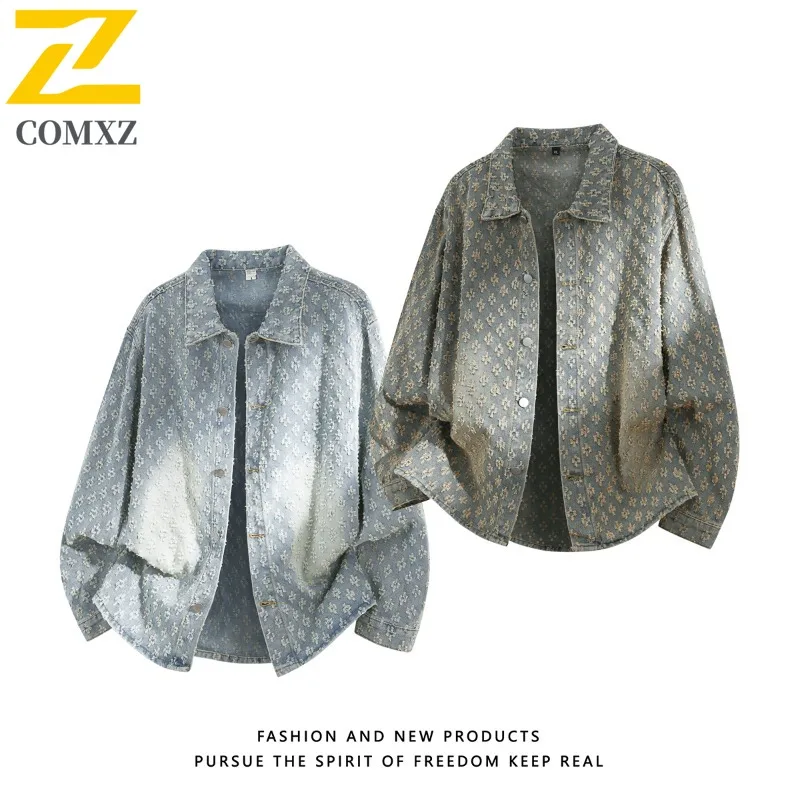 

COMXZ Internet Hot Sale Crochet Jacquard Denim Coat Unisex 2025 New Autumn Jacket American Loose Versatile Workwear Shirt