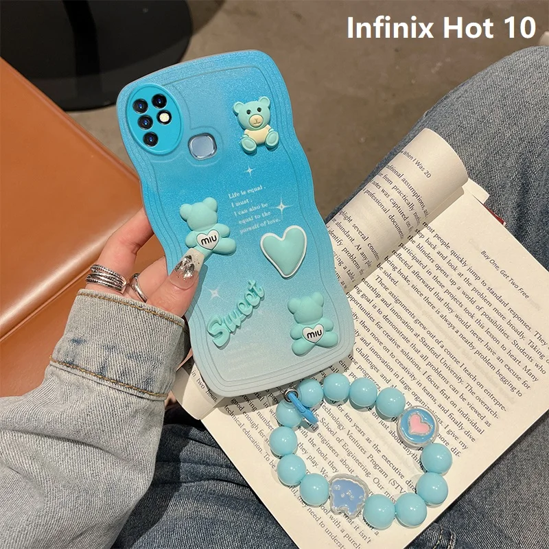 3D Wavy Gradient Sweet Bear Phone Case for Infinix Hot 10s NFC Infinix Hot 10T Infinix Hot 10 Play Bracelet Protection Cover