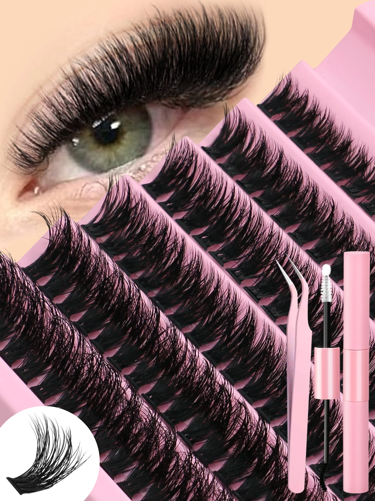 Lasvirey DIY 클러스터 속눈썹 키트 푹신한 속눈썹 연장 세트 자연스러운 볼륨 인조 밍크 속눈썹 혼합 트레이 개별 속눈썹 메이크업