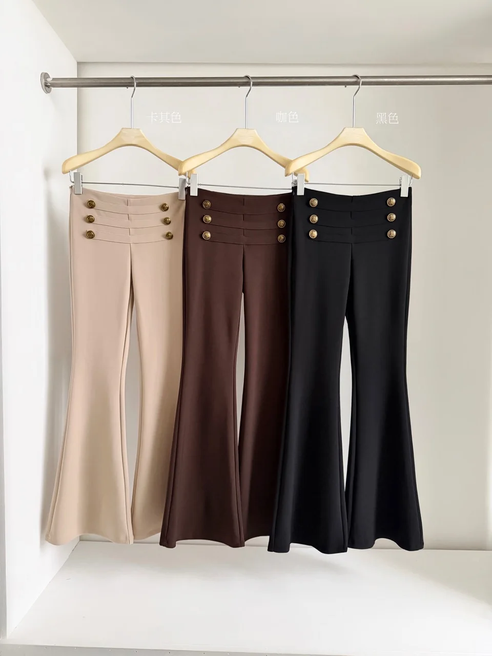 Women's High Waist Double Breasted Slim Micro Flare Long Pants Lady Streetwear Vintage Full Length Pants