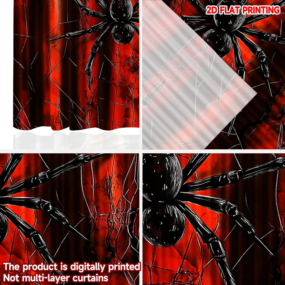 قطعتان من ستائر شبكة العنكبوت بطباعة رقمية مسطحة ثنائية الأبعاد، نسيج العنكبوت الأحمر والأسود الجريء مع نمط العنكبوت القوطي لديكور غرفة موضوع الرعب #5
