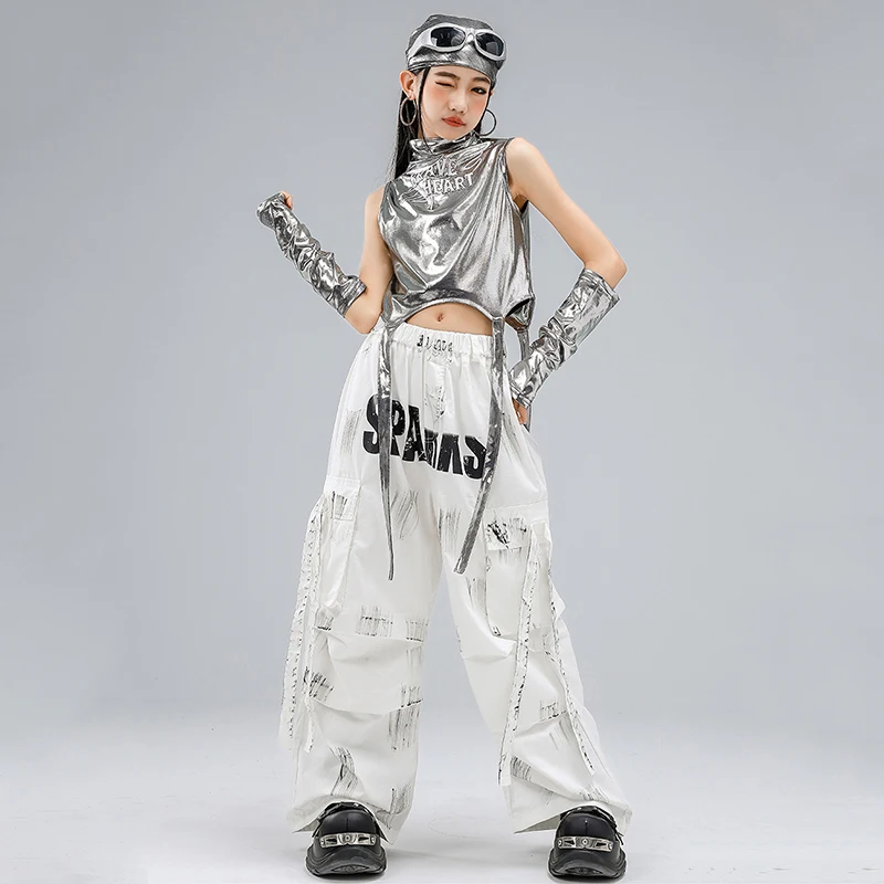 Neues Jazz-Outfit für Mädchen, K-Pop-Bühnenshow-Kleidung, silbernes Crop-Top, schwarze Baggy-Hose, Modell-Performance-Anzug, Street Dancewear 1990