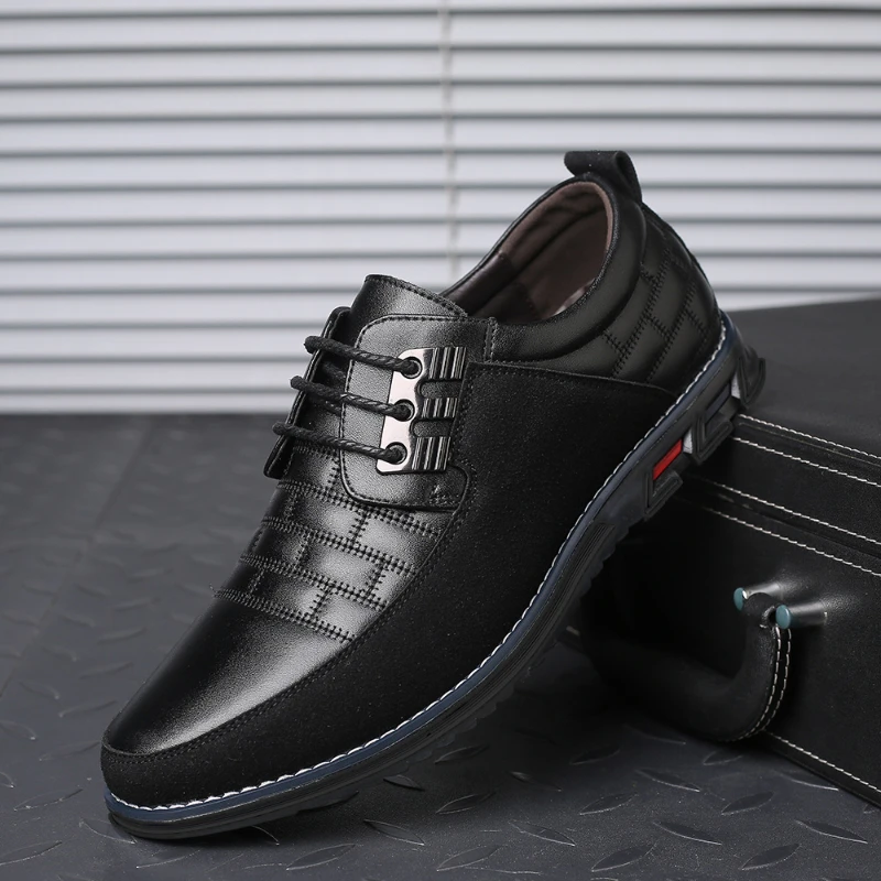 Mens Breathable Leather Dress Shoes Formal Business Footwear Pointed Toe Lace Up Flat Sole Groom Wedding Shoes Simple Leisure