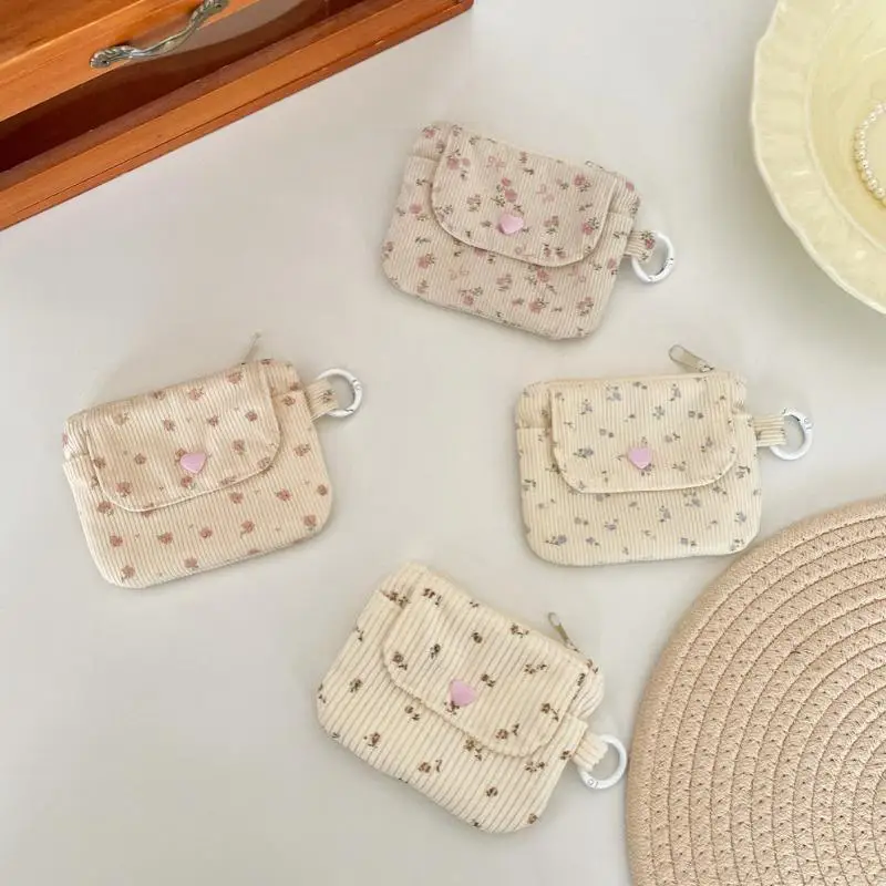 Hot Cute Corduroy Coin Purse With Floral Print And Heart Snap Button Perfect For Holding Coins Lipsticks Earphones Daily Use